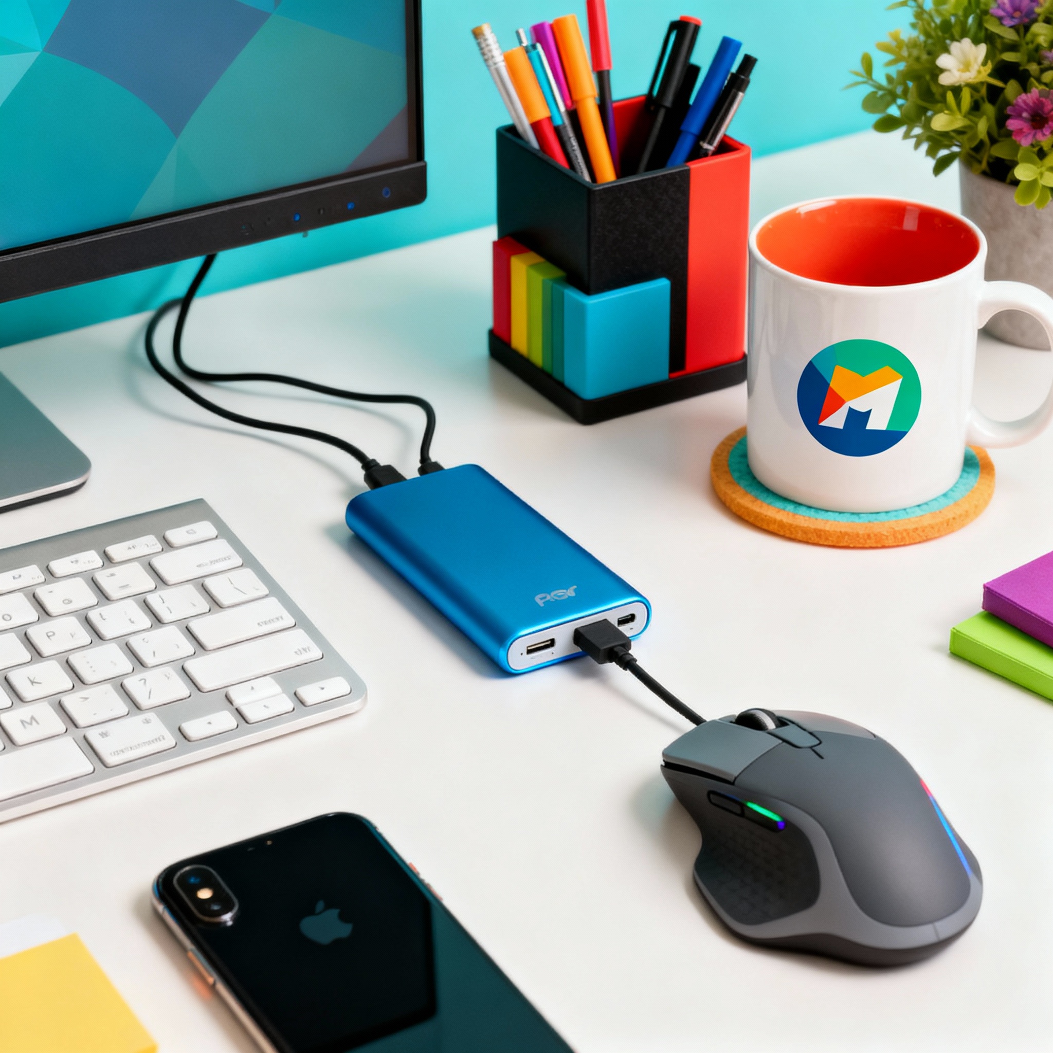 Symbolbild Homeoffice-Merch Shop: Powerbank, Handyladekabel, Desk Organizer, Tasse, ergonomische Maus, moderne Werbeprodukte, heller und freundlicher Stil