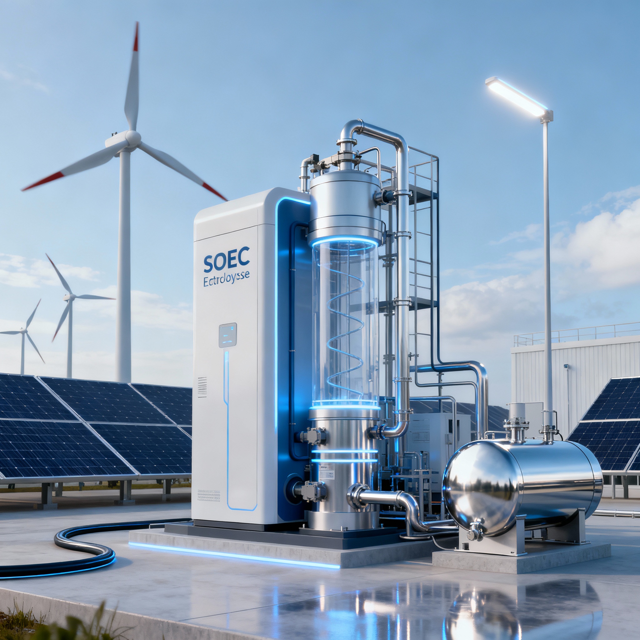 Realistische Darstellung der SOEC-Technologie und Wasserstoff-Innovation von Sunfire in einer modernen europäischen Umgebung mit Solarpaneelen, Windturbinen und einem Wasserstoffspeichertank, die Nachhaltigkeit und technologische Innovation symbolisieren.