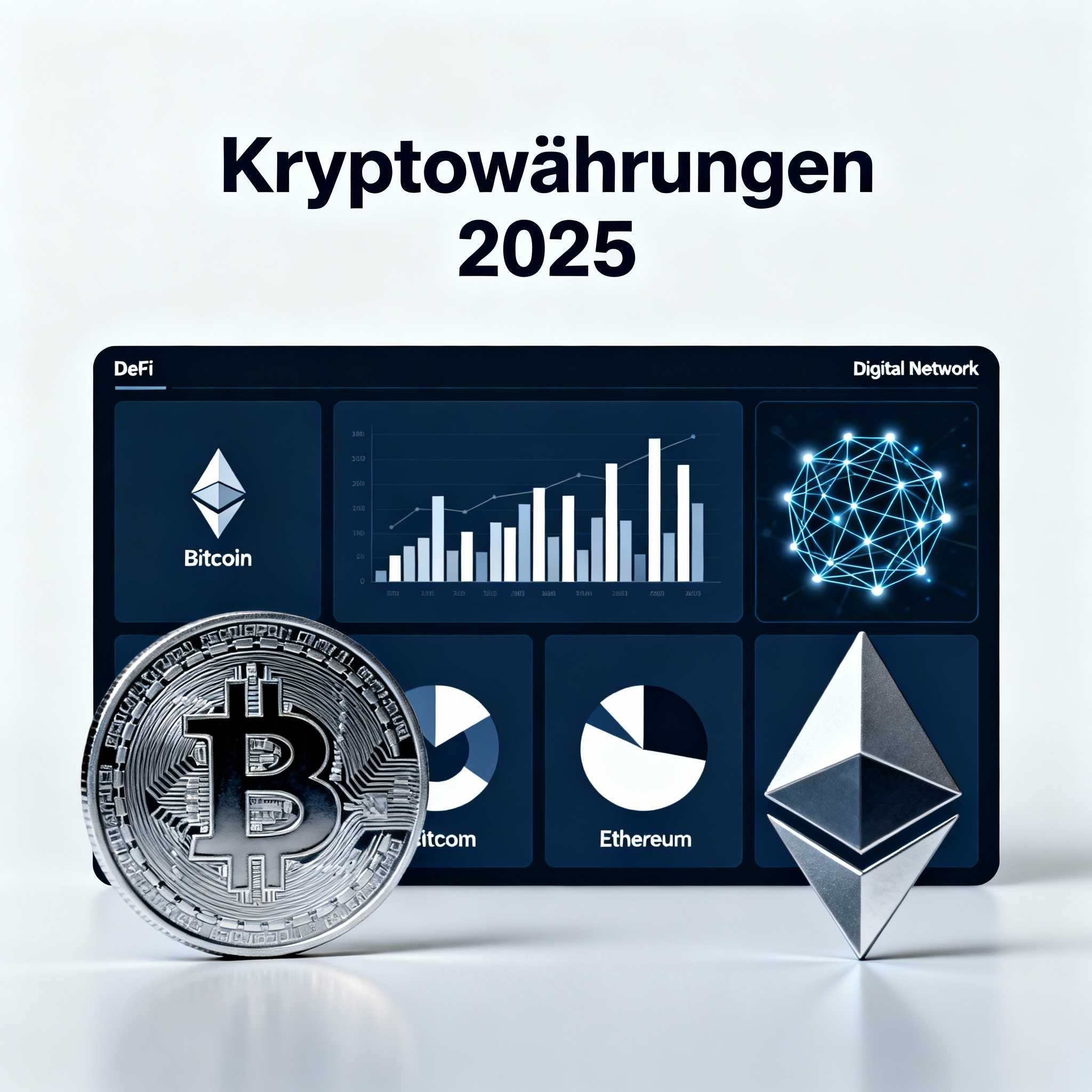 Cryptocurrencies 2025, Kryptowährungen im Jahr 2025 mit Bitcoin- und Ethereum-Logos, einem DeFi-Diagramm und einem digitalen Netzwerk in modernem, professionellem Stil
