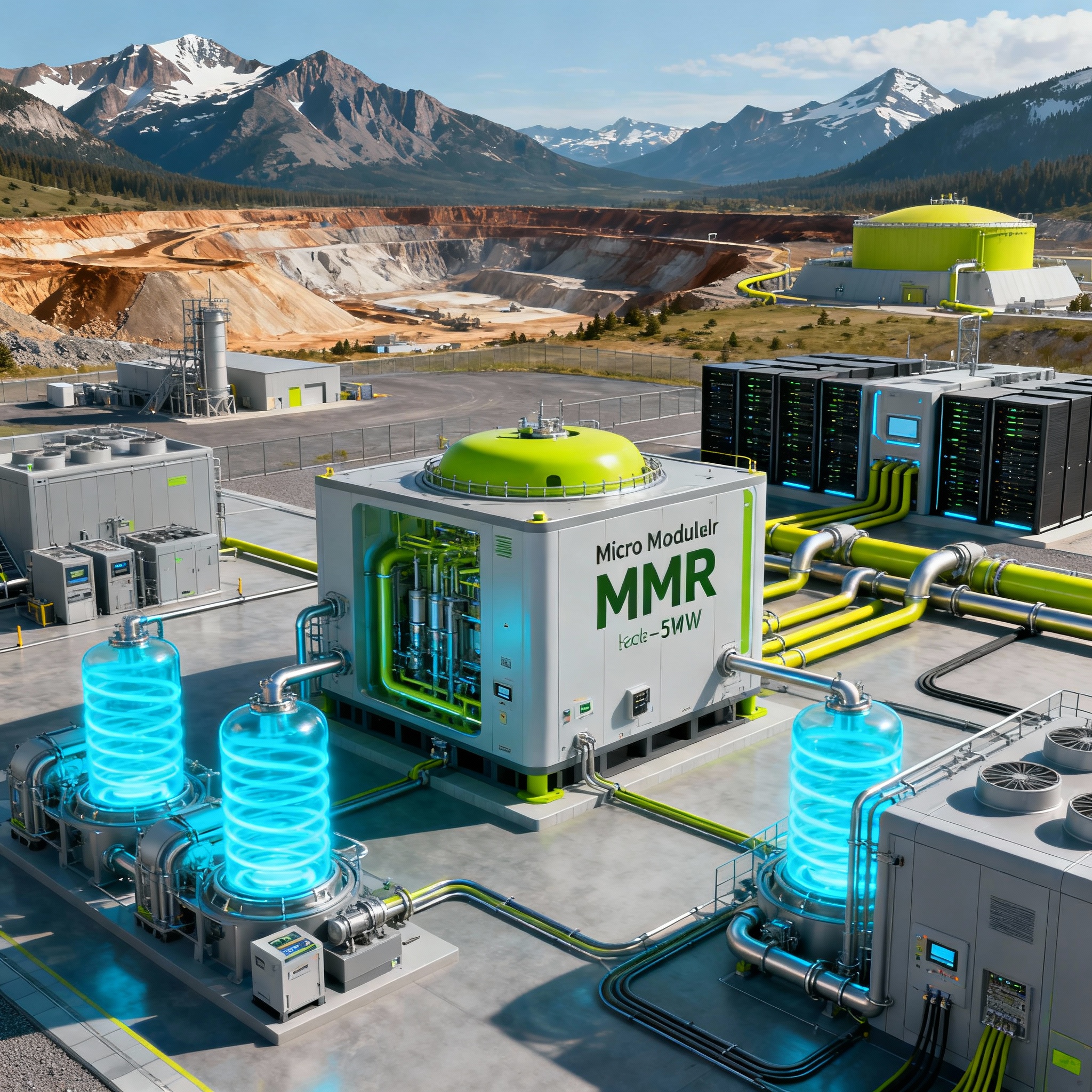 Futuristic micro modular nuclear reactor in a clean energy facility, surrounded by high-tech equipment, glowing blue helium cooling systems, and a mountainous North American landscape in the background.