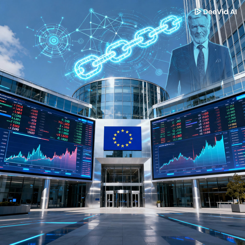 Europäisches Börsengebäude mit futuristischen Blockchain-Elementen, digitalen Bildschirmen mit Handelsdaten, EU-Flagge, moderner Architektur