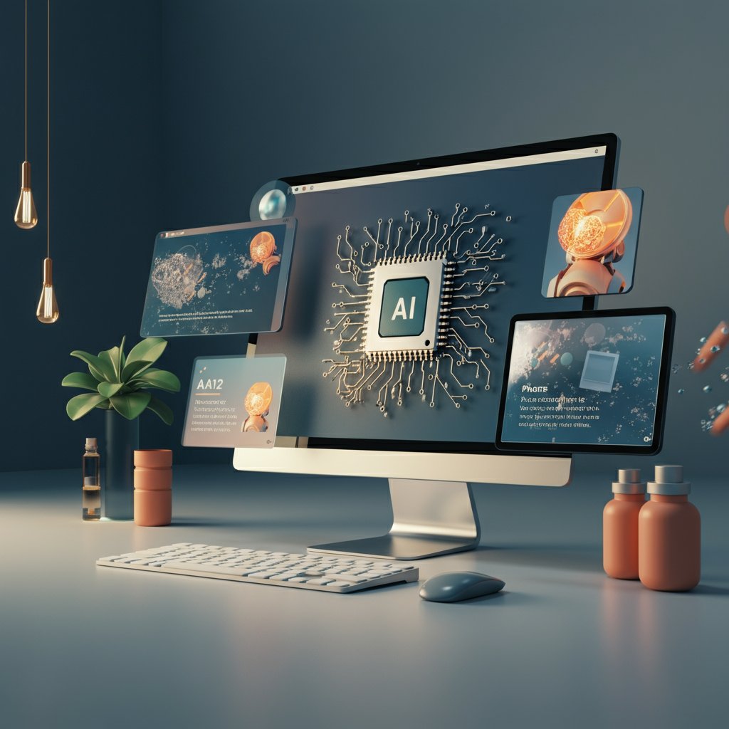 3D fotorealistischer Erklärfilme -Stil mit moderner Animation. Ein Computerbildschirm mit animierten Elementen, einem prominenten KI-Symbol und hellen, lebendigen Farben, der modernstes Videomarketing vermittelt