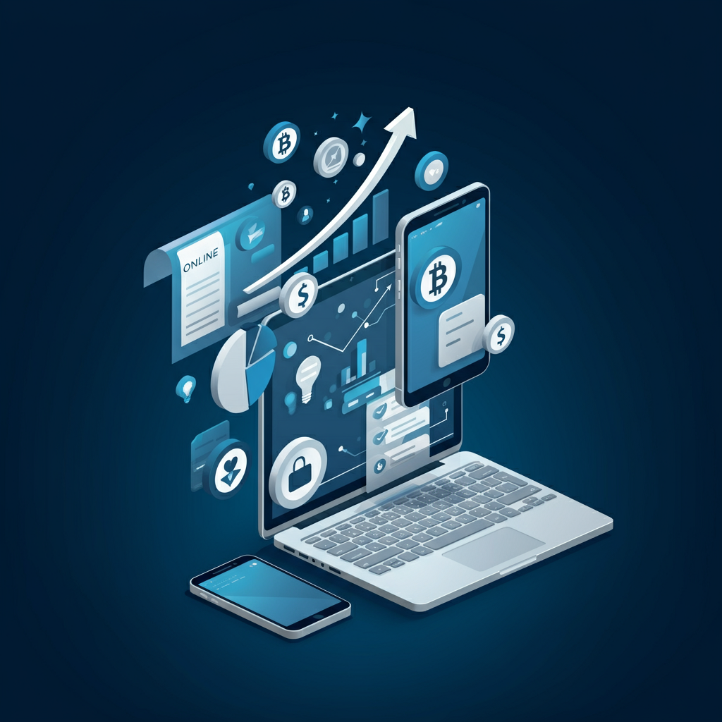 Ein modernes, digitales Konzeptbild, das verschiedene digitale Einnahmequellen darstellt. Elemente wie ein Laptop, Smartphone, Kryptowährungen (z. B. Bitcoin-Symbol), ein Online-Kurs-Symbol, und ein Diagramm, das Wachstum zeigt. Stil: minimalistisch, professionell, mit einer Farbpalette aus Blau, Weiß und Grau