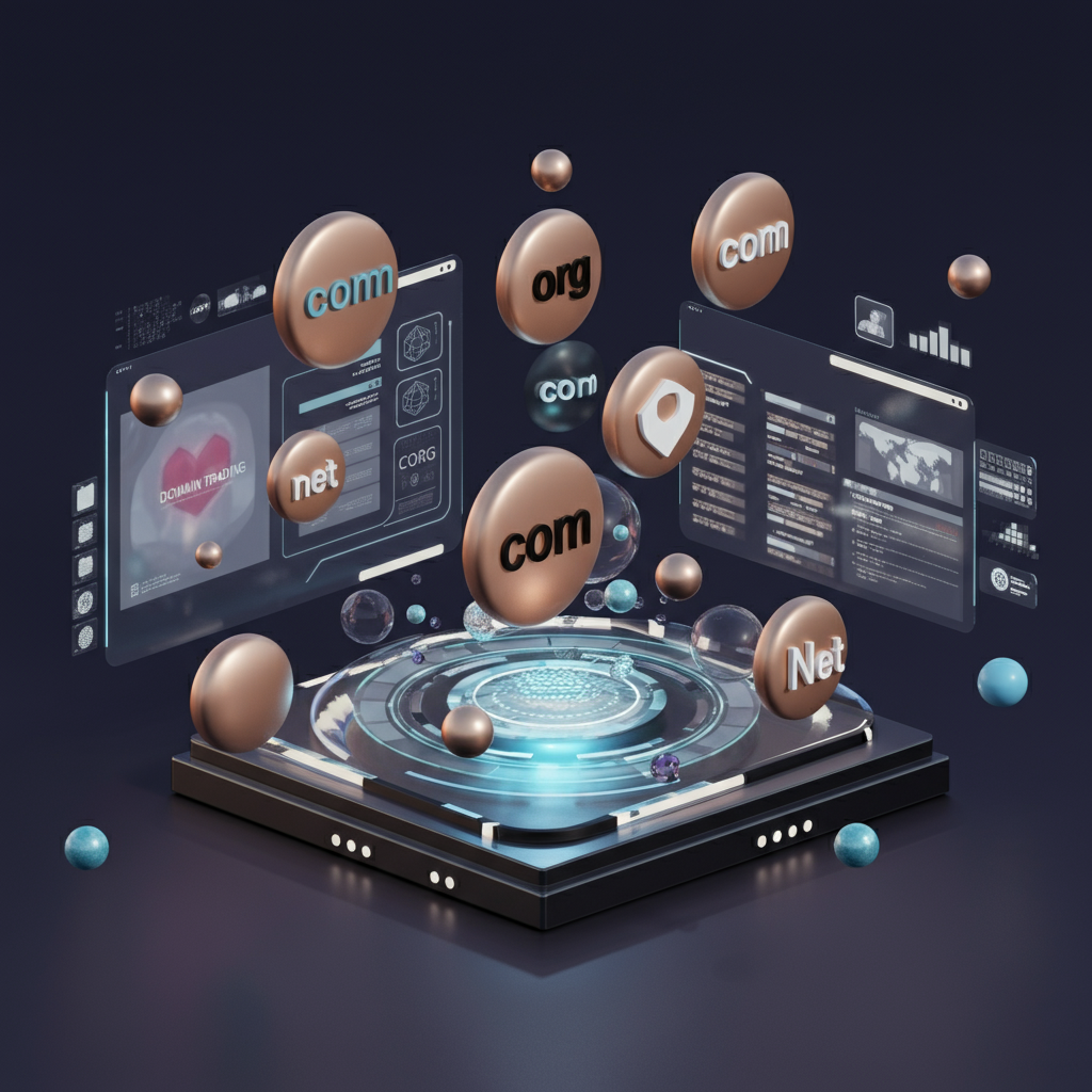 Ein farbenfrohes 3D-Illustrationsmotiv, das den Domainhandel und digitale Domains darstellt. Zu sehen sind schwebende Domain-Endungen wie .com, .net und .org, umgeben von einem futuristischen Online-Marktplatz mit holografischen Elementen.