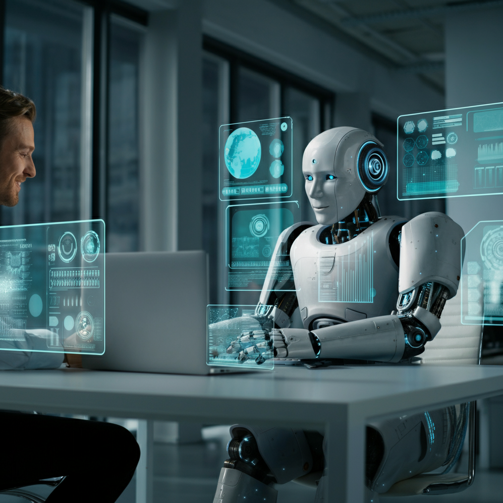 Ein Mensch und Roboter ein Roboter ein Arbeit ein Arbeitswerk in einer modernen Büroumgebung mit digitalen Elementen, die freundlichen eine und die kooperative Bevölkerung vermitteln.