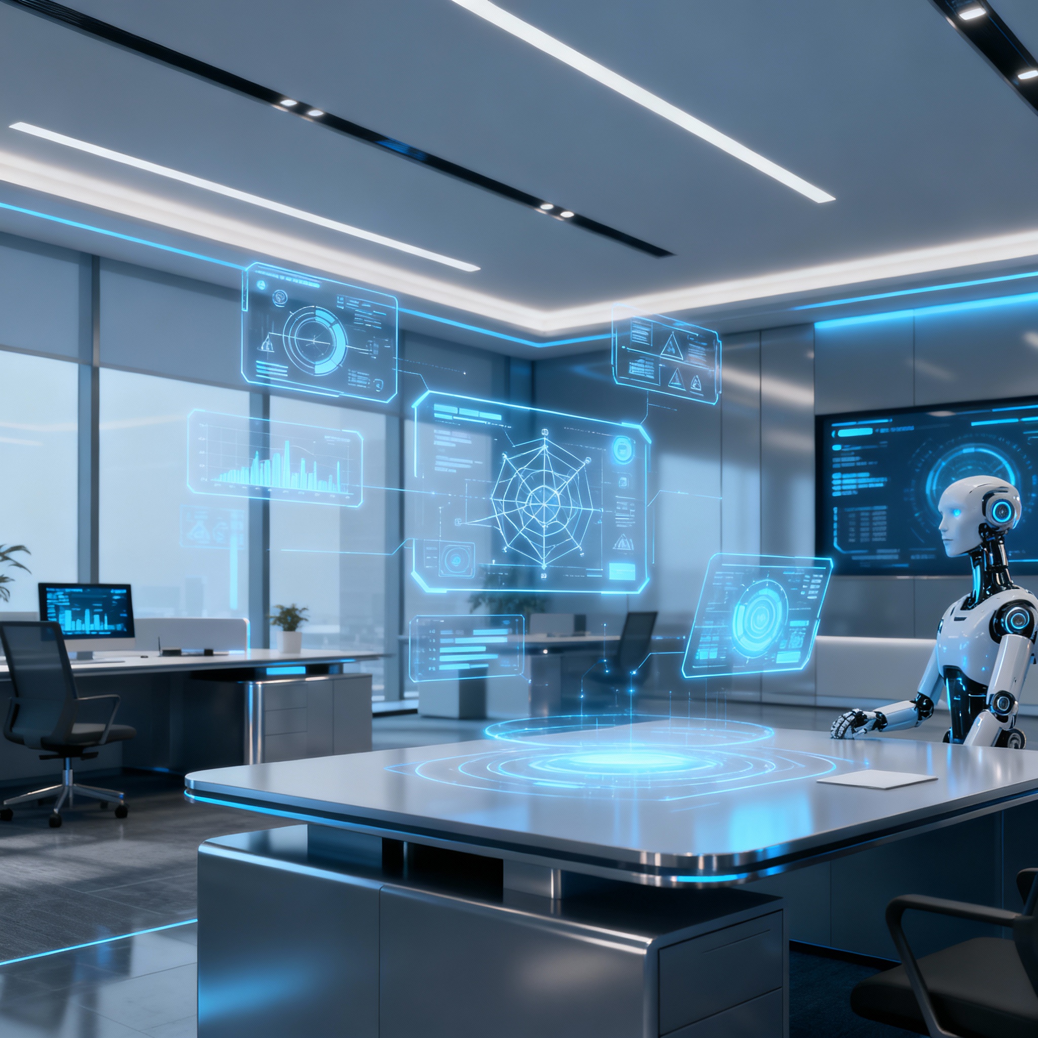 Ein modernes, professionelles Bild, das die Integration von künstlicher Intelligenz in digitale Geschäftsmodelle darstellt. Das Bild zeigt ein futuristisches Büro mit holographischen Diagrammen, die Automatisierung und Effizienz symbolisieren. Farbpalette: Blau- und Grautöne, mit einem High-Tech-Look.