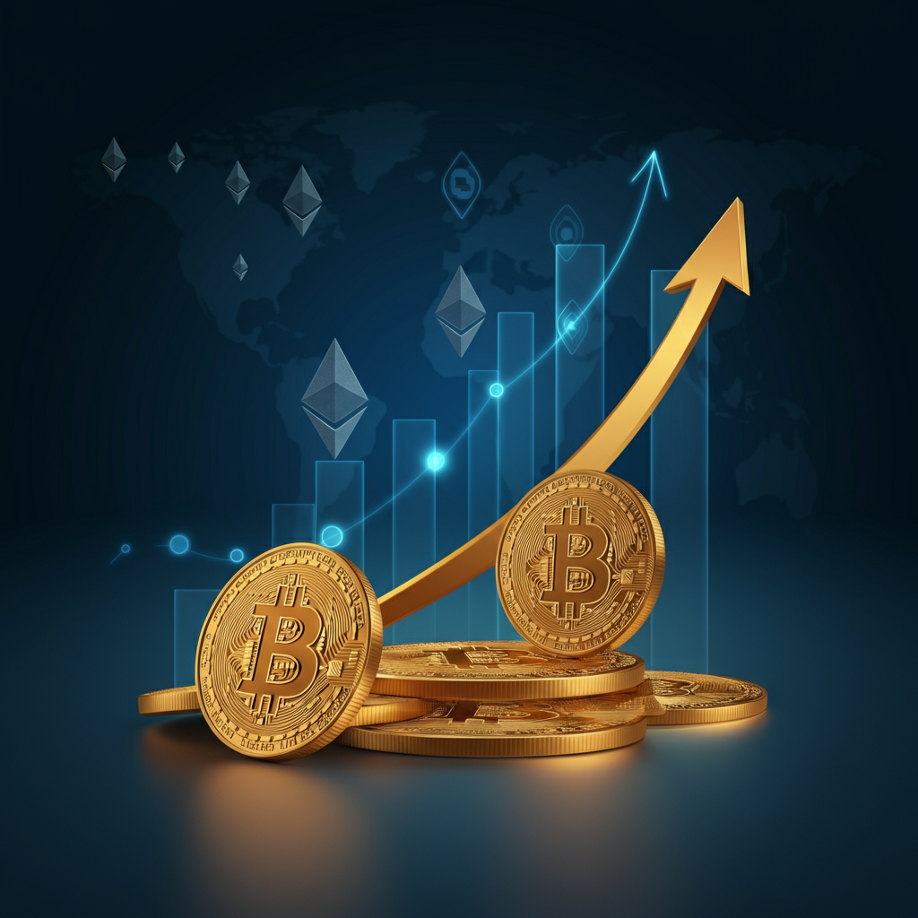 Bitcoin-Münzen, Ethereum-Logos und ein Diagramm mit steigenden Kurven in einem futuristischen, digitalen Stil.