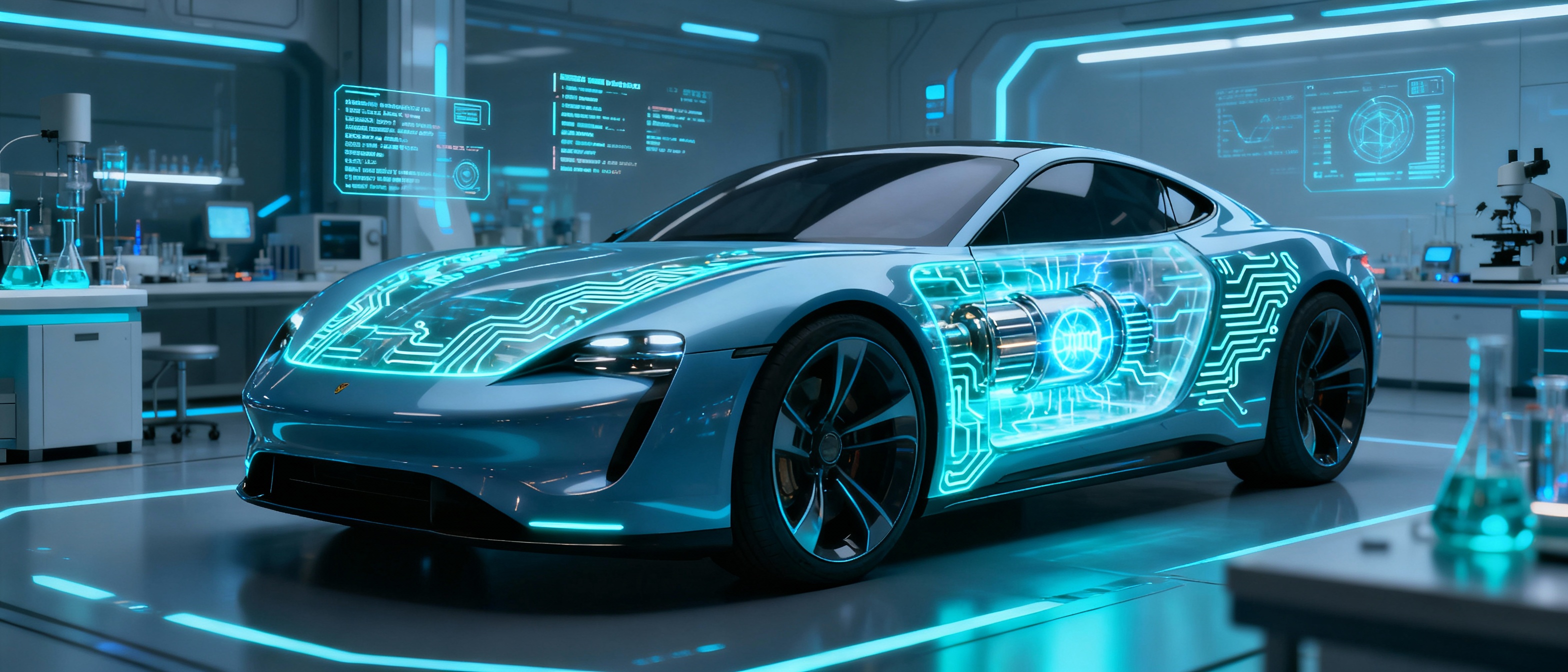Das Bild zeigt ein futuristisches Auto mit einem Thorium-Antrieb, das saubere Energietechnologie repräsentiert. Das Fahrzeug hat leuchtende Elemente und ein schlankes, aerodynamisches Design. Im Hintergrund befindet sich ein High-Tech-Labor im Science-Fiction-Stil mit fortschrittlicher Ausrüstung und einer leuchtenden Atmosphäre.