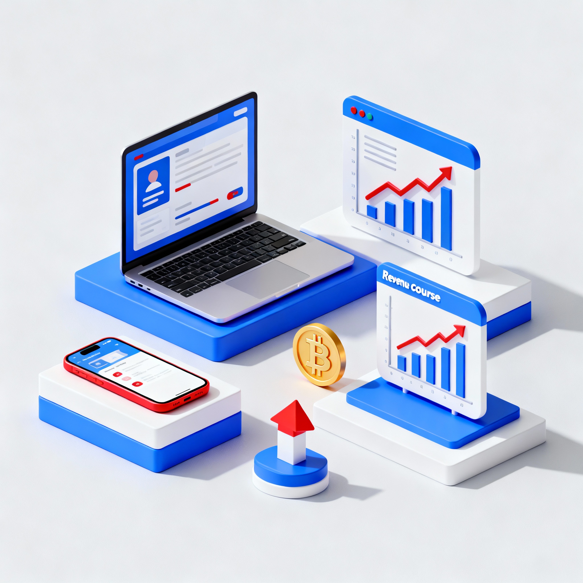 Ein modernes, digitales Konzeptbild, das verschiedene digitale Einnahmequellen darstellt. Elemente wie ein Laptop, Smartphone, Kryptowährungen (z. B. Bitcoin-Symbol), ein Online-Kurs-Symbol, und ein Diagramm, das Wachstum zeigt. Stil: minimalistisch, professionell, mit einer Farbpalette aus Blau, Weiß und Rot