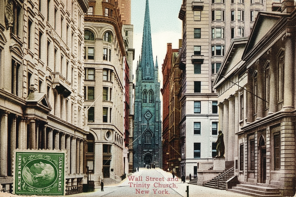 alte Postkarte von Wall Street und Trinity Church in New York, nachkoloriert, farbenfrohe, lebendige Details, erhöhtes Kontrast und Helligkeit, leichte Retusche für ein modernes, attraktives Aussehen