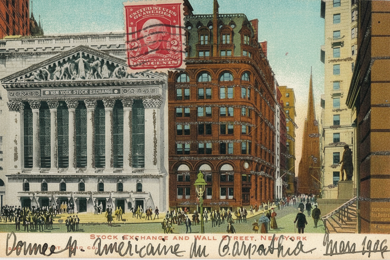 alte Ansichtskarte von der Wall Street mit Börse in New York.