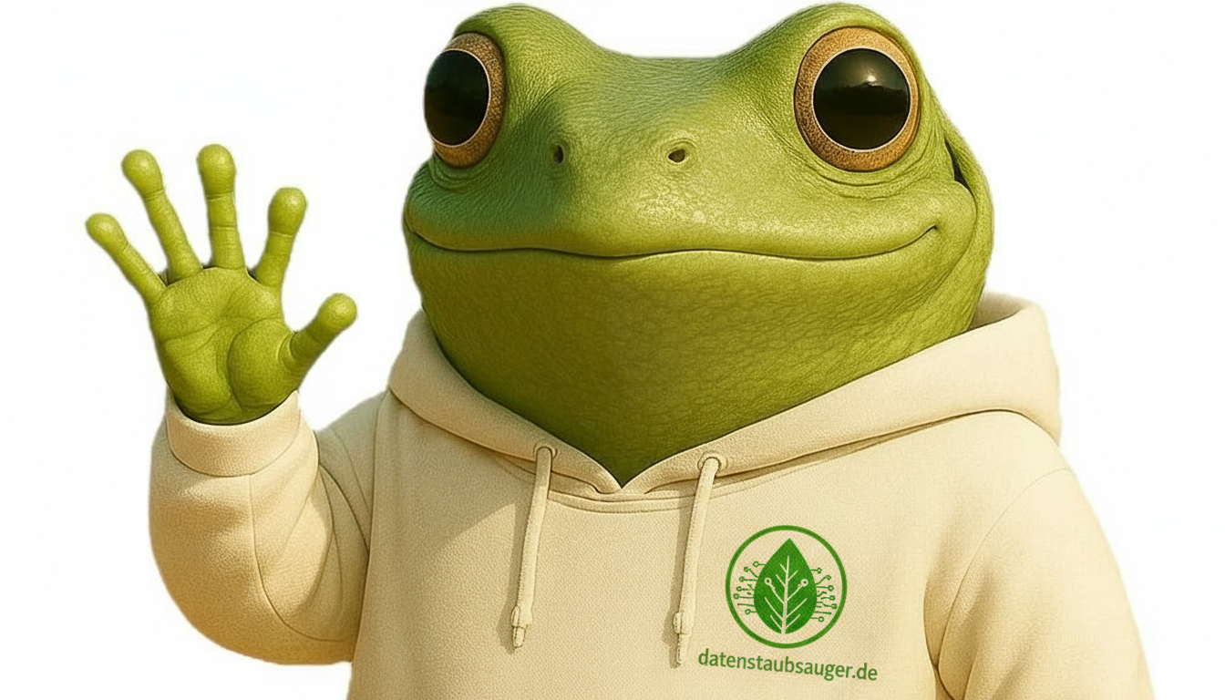 Illustration eines freundlichen Froschs mit großen Augen im hellen Hoodie mit Blatt-Logo, Symbol für Nachhaltigkeit und Digitalisierung passend zu datenstaubsauger.de für die Marke TRACA.