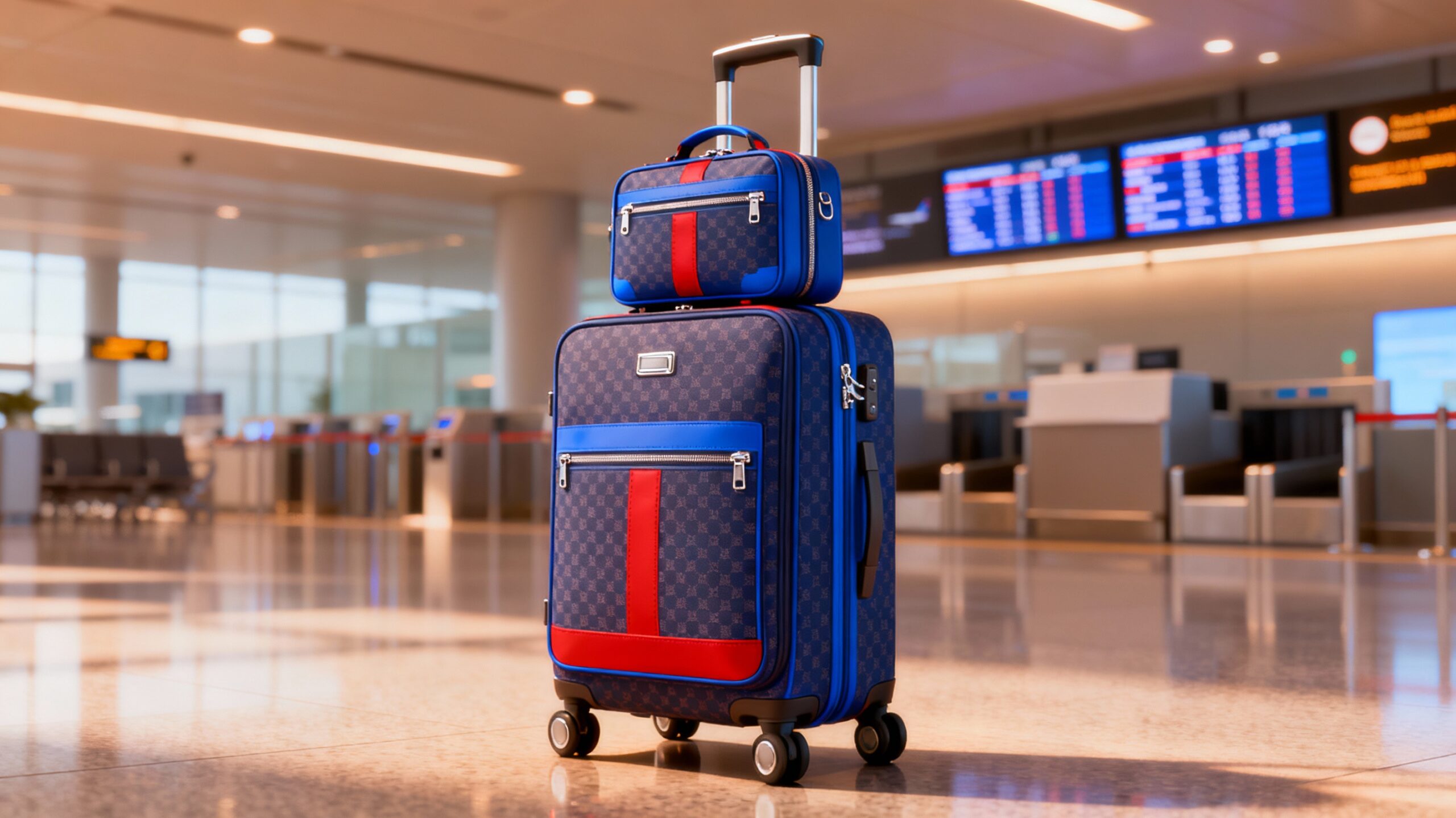 3D Illustration eines Reisekoffers mit Handgepäck am Flughafen