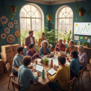Eine diverse Gruppe von Menschen arbeitet gemeinsam an einem Projekt in einem hellen, einladenden Raum. Elemente wie Aboboxen, Treuekarten und Symbole für erneuerbare Energien sind subtil integriert, um Mitgliederbindung, Gemeinschaft, Nachhaltigkeit und Zusammenarbeit in Vereinen und Genossenschaften zu symbolisieren.