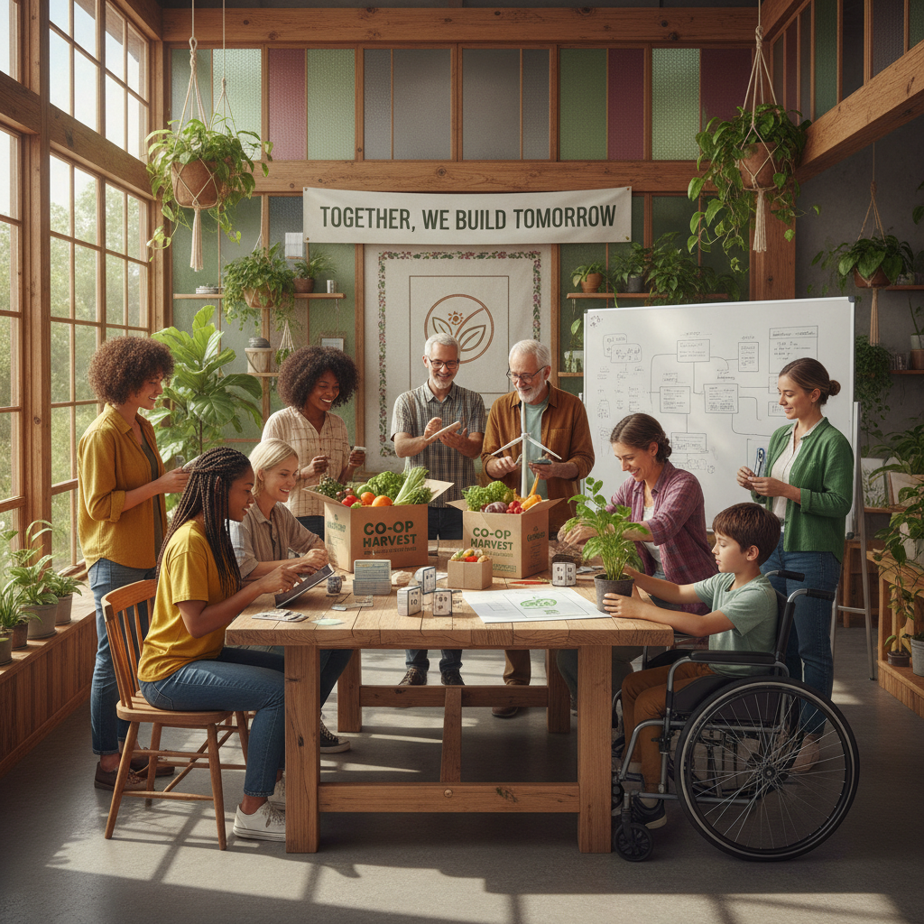 Eine diverse Gruppe von Menschen arbeitet gemeinsam an einem Projekt in einem hellen, einladenden Raum. Elemente wie Aboboxen, Treuekarten und Symbole für erneuerbare Energien sind subtil integriert, um Gemeinschaft, Nachhaltigkeit und Zusammenarbeit in Vereinen und Genossenschaften zu symbolisieren.