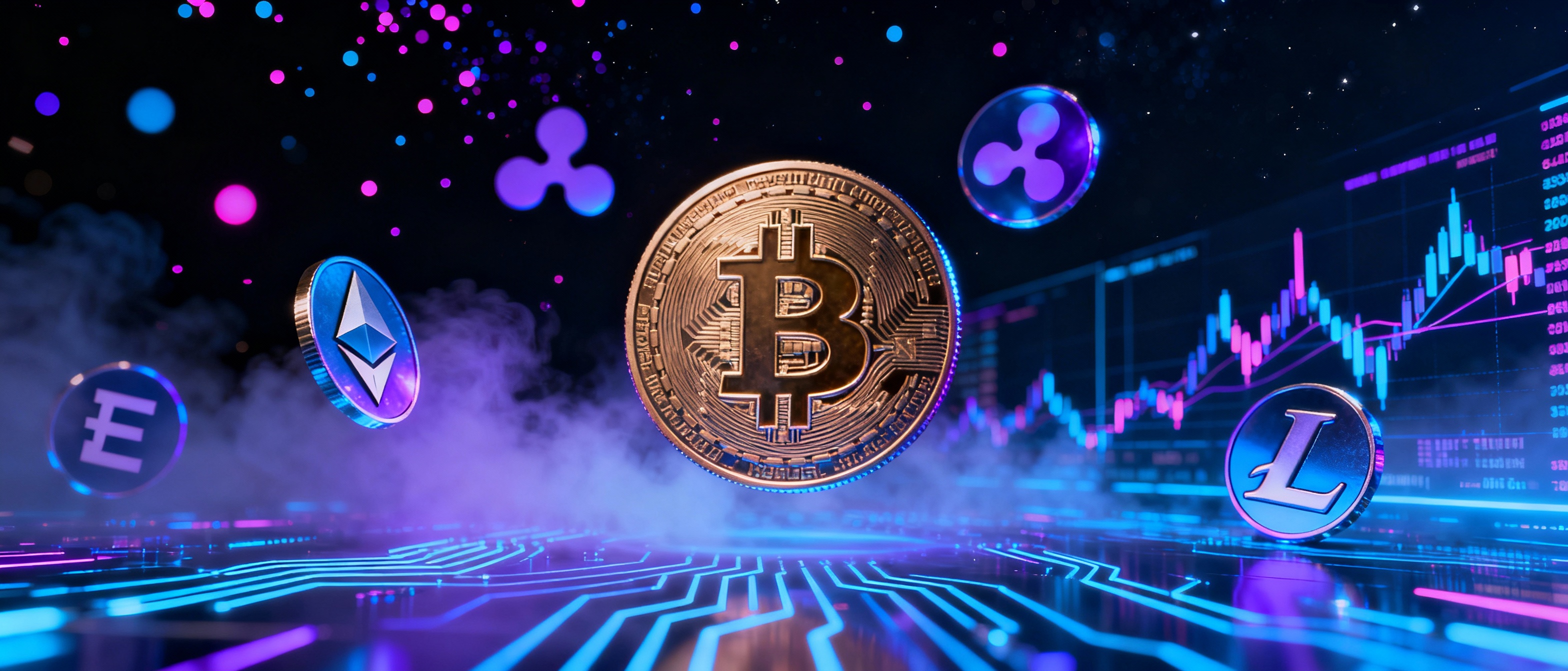 3D-Darstellung einer Bitcoin-Münze im Vordergrund, umgeben von schwebenden Altcoin-Logos vor einem futuristischen Kryptomarkt-Hintergrund.