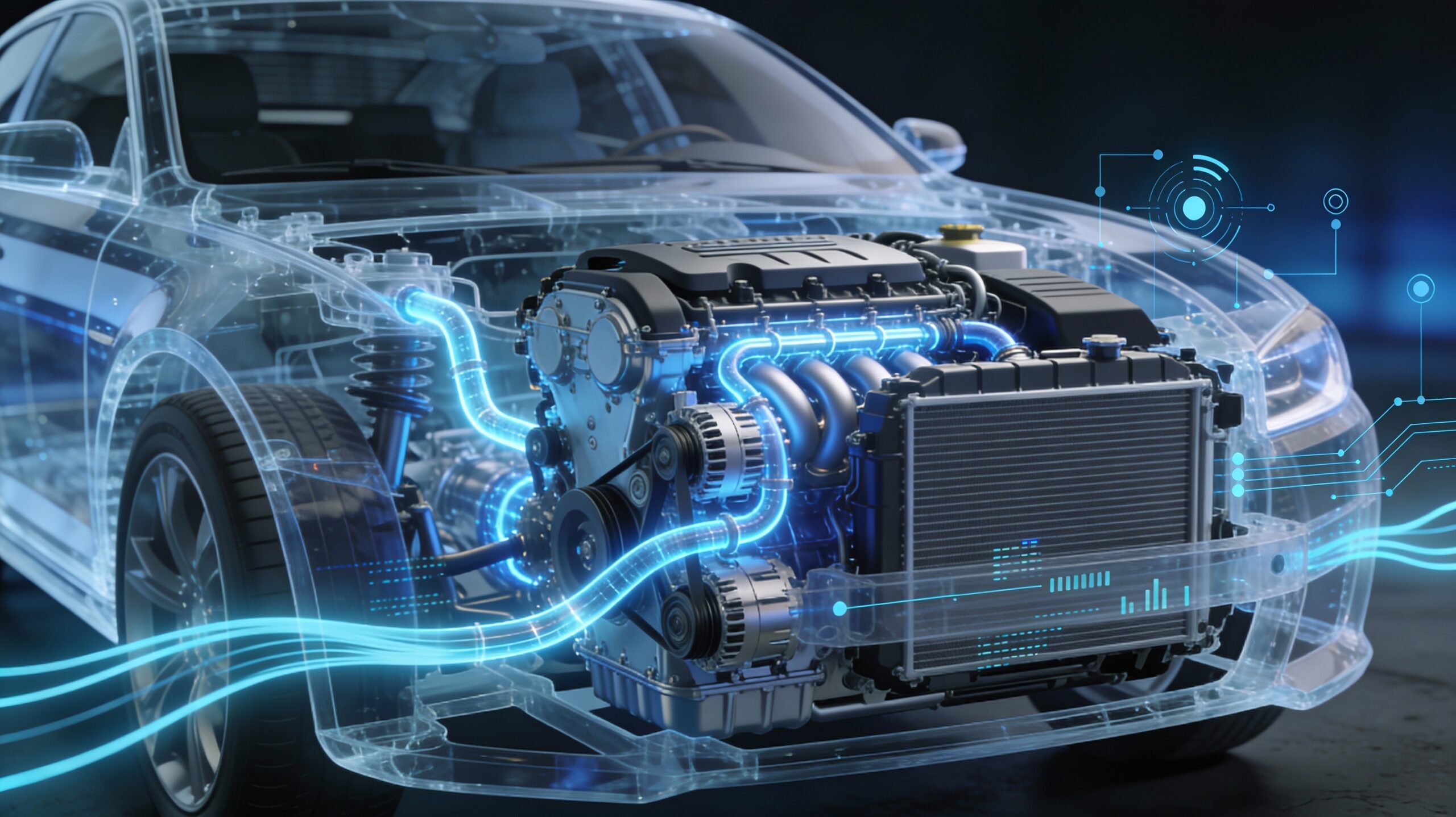 Illustration eines modernen Wasserstoff-Verbrennungsmotors in einem Fahrzeug-Cutaway