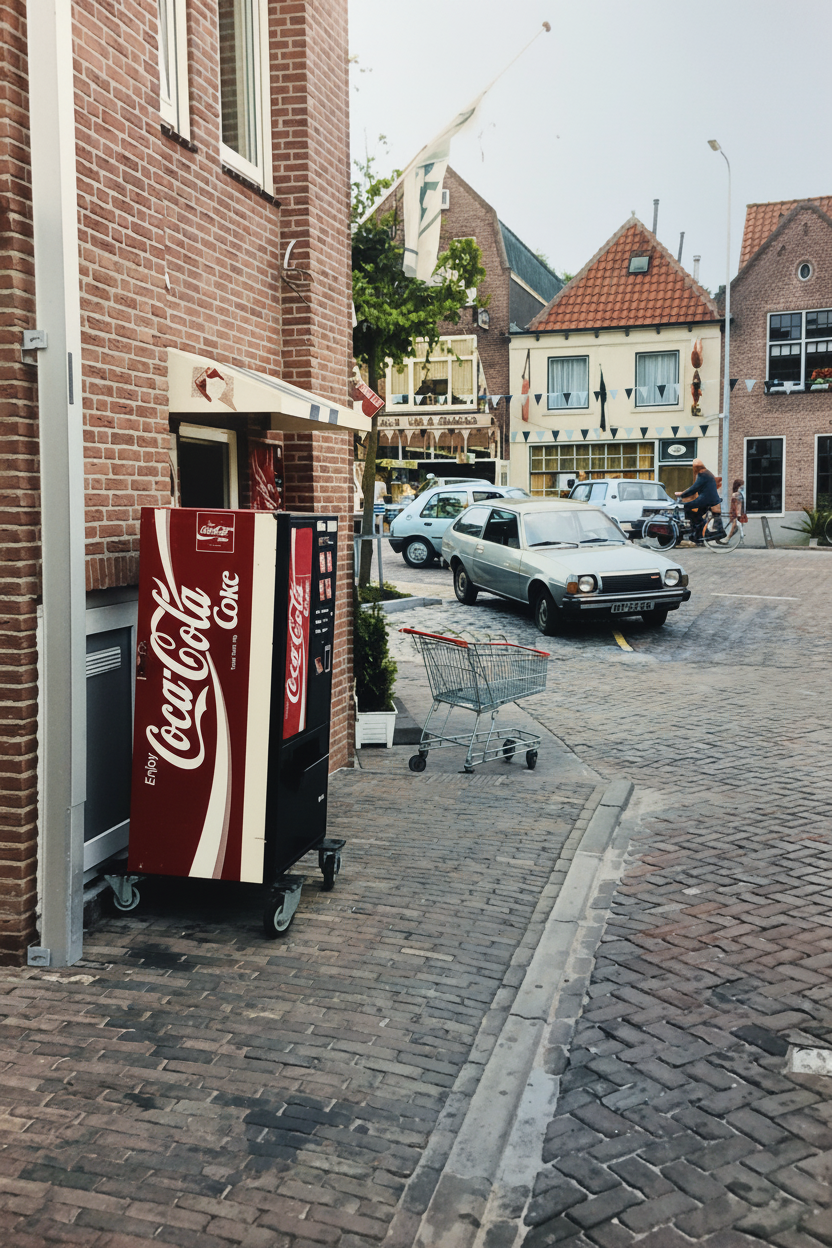 Nachkolorierte Vintage-Straßenszene einer kleinen niederländischen Stadt mit Coca-Cola-Automat, Einkaufswagen und Autos auf Kopfsteinpflasterstraße.