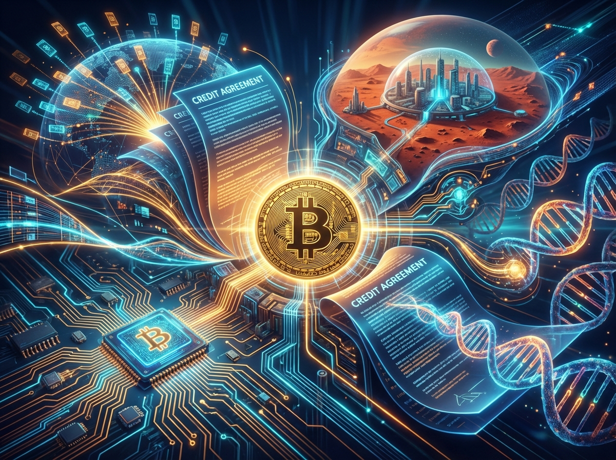 Ein abstraktes und futuristisches digitales Kunstwerk, das die komplexe Rolle von Bitcoin darstellt. Im Zentrum leuchtet ein Bitcoin-Logo oder ein Symbol für digitale Goldbarren, eingebettet in eine vielschichtige Struktur, die reale Anwendungen wie Kreditverträge, Mikrochip-Schaltkreise und globale Zahlungsströme zeigt. Daneben sind spekulative Zukunftsvisionen wie eine Stadt auf dem Mars und DNA-Stränge zu sehen, alles verbunden durch ein Netzwerk aus Licht und Daten. Die dramatische Beleuchtung mit neonblauen und goldorangenen Akzenten verleiht dem Bild Tiefe und Bewegung. Das hochdetaillierte digitale Gemälde im 3D-Look erinnert an den Stil von Beeple oder Android Jones und ist visuell fesselnd, ideal für einen Blog-Header.
