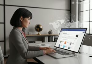 Eine 3D-Darstellung einer professionellen Frau in einem modernen Büro, die an einem Laptop arbeitet. Auf dem Bildschirm ist eine Domain-Suchoberfläche zu sehen. Im Hintergrund symbolisieren eine Weltkugel und ein digitales Netzwerk die globale Vernetzung und das Internet. Die Szene ist hell und professionell gestaltet.