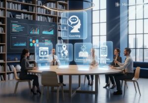 Vier Erwachsene in einem modernen Lern‑ und Coaching‑Raum diskutieren um einen runden Tisch mit fünf leuchtenden holografischen Symbolen für Coaching, Web‑Guide, Travel‑Guide, Knowledge‑Guide und Reading‑Help; ultra‑realistische 3D‑Szene mit sanftem Licht und Stadtblick im Hintergrund.