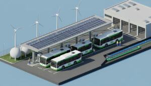 Vier ÖPNV-Busse in einer Reihe unter einem großen Solar-Canopy beim gleichzeitigen Tanken an einer Cavendish Tankstelle