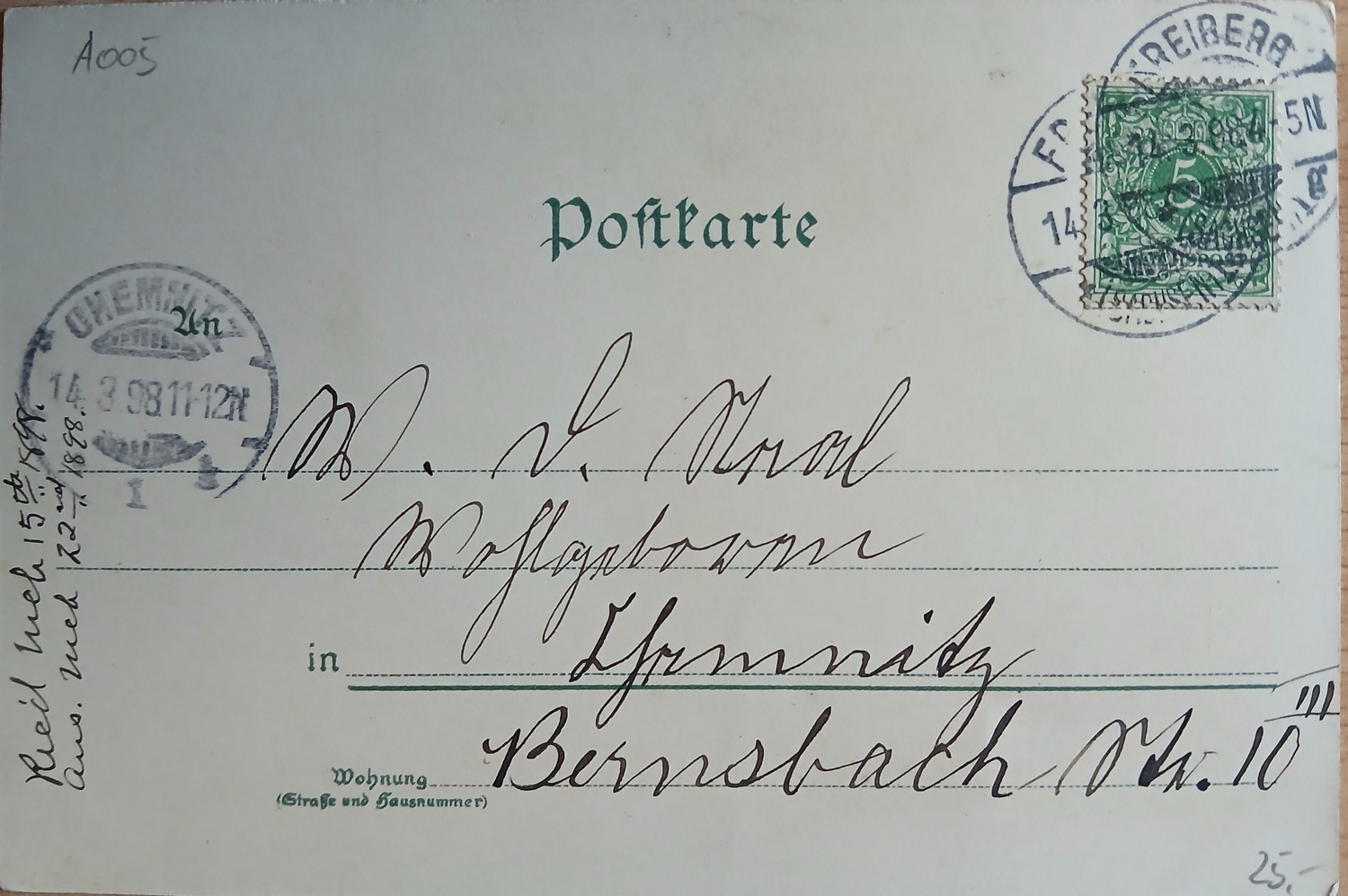 Rückseite der historischen Postkarte mit Adresse, Briefmarke und Poststempeln