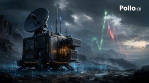 Autarkes, gepanzertes Krisen Infrastructure modul in rauer, abgelegener Landschaft bei Dämmerung mit Satellitenschüssel, Off-Grid-Energieversorgung und düsterer, geopolitischer Hightech-Atmosphäre.
