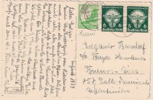 Echtfoto-Ansichtskarte Hiddensee von 1939, Verlag Chr. Kreitzler, per Luftpost mit Reichsberufswettkampf-Marken nach Buenos Aires gelaufen.
