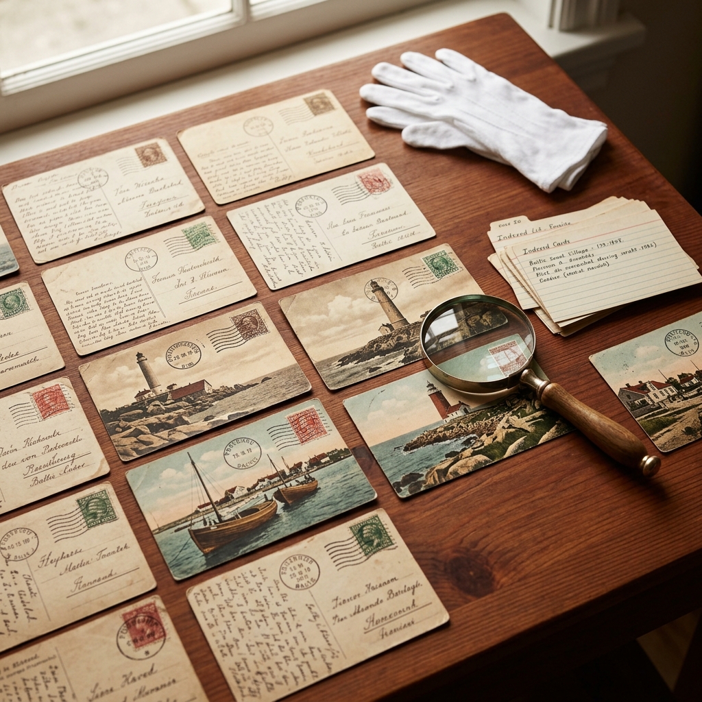 Vintage Ansichtskarten Sammlung verkaufen: alte Postkarten mit Leuchtturm- und Ostsee-Motiven, Postgeschichte-Stempel und Briefmarken auf Holztisch, mit Lupe und Handschuhen – ideal für Philatelie-Sammler und Ansichtskarten-Händler.