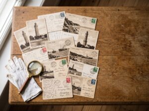 Vintage Ansichtskarten Sammlung verkaufen: alte Postkarten mit Leuchtturm- und Ostsee-Motiven, Postgeschichte-Stempel und Briefmarken auf Holztisch, mit Lupe und Handschuhen – ideal für Philatelie-Sammler und Ansichtskarten-Händler.