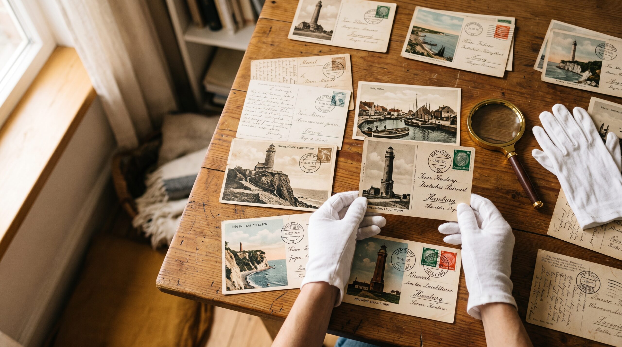 Vintage Ansichtskarten Sammlung verkaufen: alte Postkarten mit Leuchtturm- und Ostsee-Motiven, Postgeschichte-Stempel und Briefmarken auf Holztisch, mit Lupe und Handschuhen – ideal für Philatelie-Sammler und Ansichtskarten-Händler.