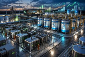 Dramatische Wasserstoff-Produktionsanlage unter Gewitterhimmel mit roten Warnsignalen und Kurssturz-Charts – Symbolbild für Marktdruck bei Wasserstoff-Aktien wie Nel ASA und Plug Power im Clean-Tech-Sektor.