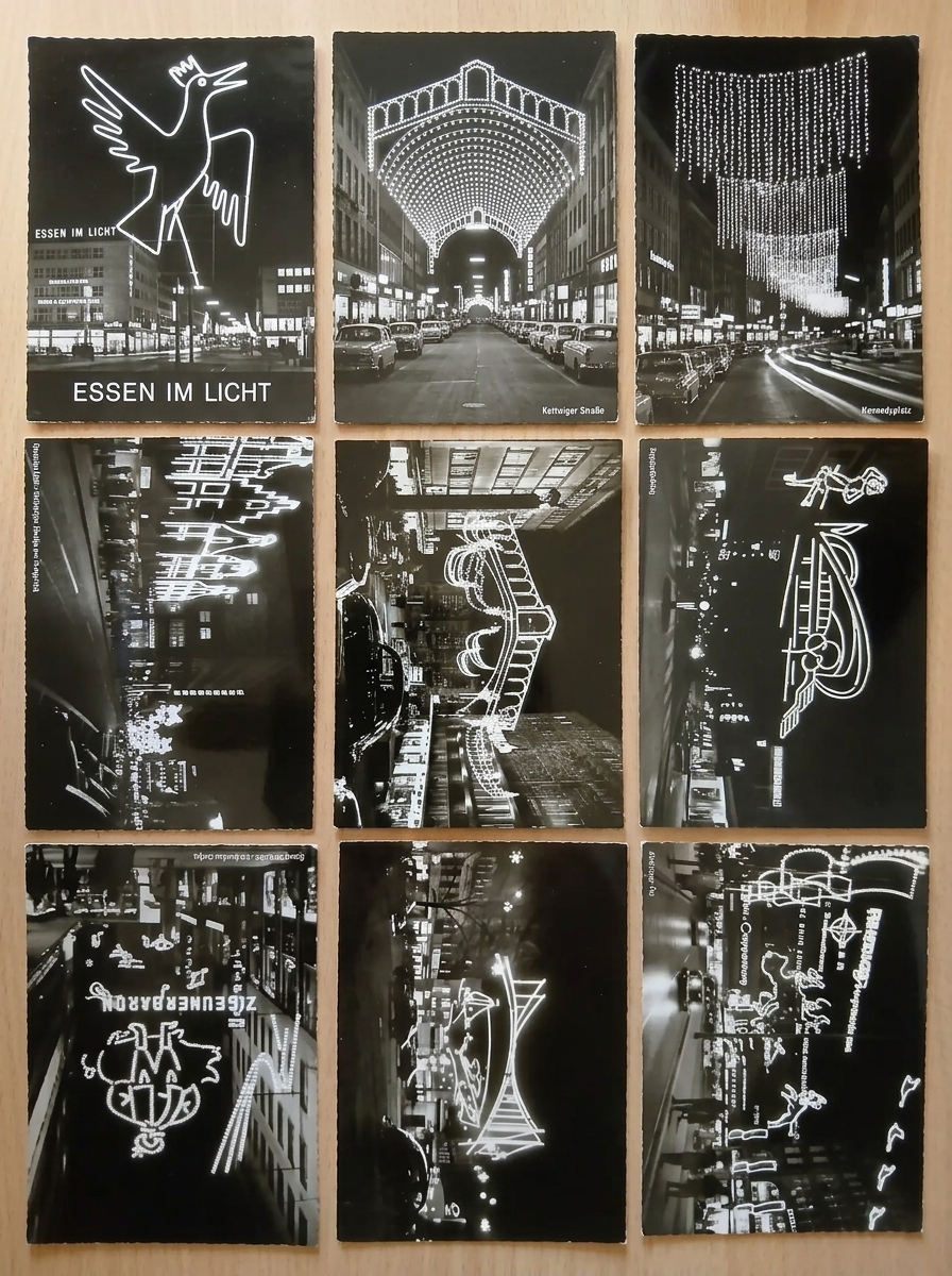 Neun Echt-Foto-Ansichtskarten der Essener Lichtwochen von 1957 bis 1964 aus dem Verlag Heinrich Koch