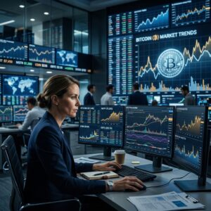 Bitcoin-Symbolik mit Börsencharts und Trading-Desk in Blau- und Goldtönen – Krypto-Proxies und Marktanalyse.