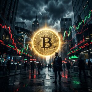 Dramatische Wall-Street-Szene mit leuchtendem Bitcoin unter Gewitterhimmel und roten sowie grünen Marktsignalen – Symbolbild zur Analyse von Strategy Inc. (MSTR), Michael Saylors 3-Milliarden-Dollar-Kapitalmaßnahme und der Verwässerung im Krypto-Proxy-Sektor. Visualisiert die Spannung zwischen Bitcoin-Stärke und dem STRC-Dilemma der Vorzugsaktien.