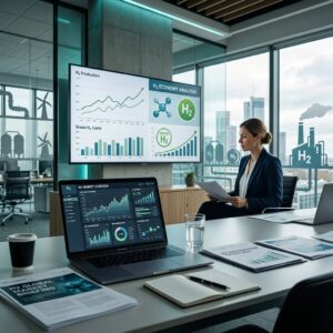 Wasserstoff Hydrogen and clean-tech market analysis workspace with chart screens, laptop and industry silhouettes.