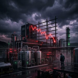 Dramatische Wasserstoff-Produktionsanlage mit Elektrolyseuren unter Gewitterhimmel, dunkler Clean-Tech-Industrielandschaft, roten Warnsignalen und dezenten grünen Erholungslichtern – Symbolbild zum Wochenschluss am 17. Juli 2026 im Hydrogen-Sektor. Visualisiert den angespannten Kursrückgang bei Wasserstoff-Aktien wie Nel ASA, Cavendish Hydrogen und Plug Power. Trotz starkem Auftragseingang bei Nel ASA dominiert am Wochenschluss die bilanzielle Realität und drückt die Titel unter wichtige Kursmarken.