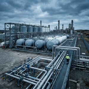 Wasserstoff-Industrieanlage mit Tanks und Rohren in Blautönen – Sektor unter Druck, Aktien-Check zur Wochenmitte.