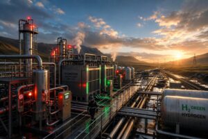 Moderne Wasserstoff-Produktionsanlage mit Elektrolyseuren im Morgengrauen, teils aufreißende Gewitterwolken über dunkler Clean-Tech-Industrielandschaft, rote Warnsignale und dezente grüne Stabilisierungslichter – Symbolbild zum Wochenstart am 20. Juli 2026 im Hydrogen-Sektor. Visualisiert die charttechnische Stabilisierung und fragile Bodenbildung bei Wasserstoff-Aktien wie Nel ASA, Cavendish Hydrogen und Plug Power nach dem Freitags-Ausverkauf.
