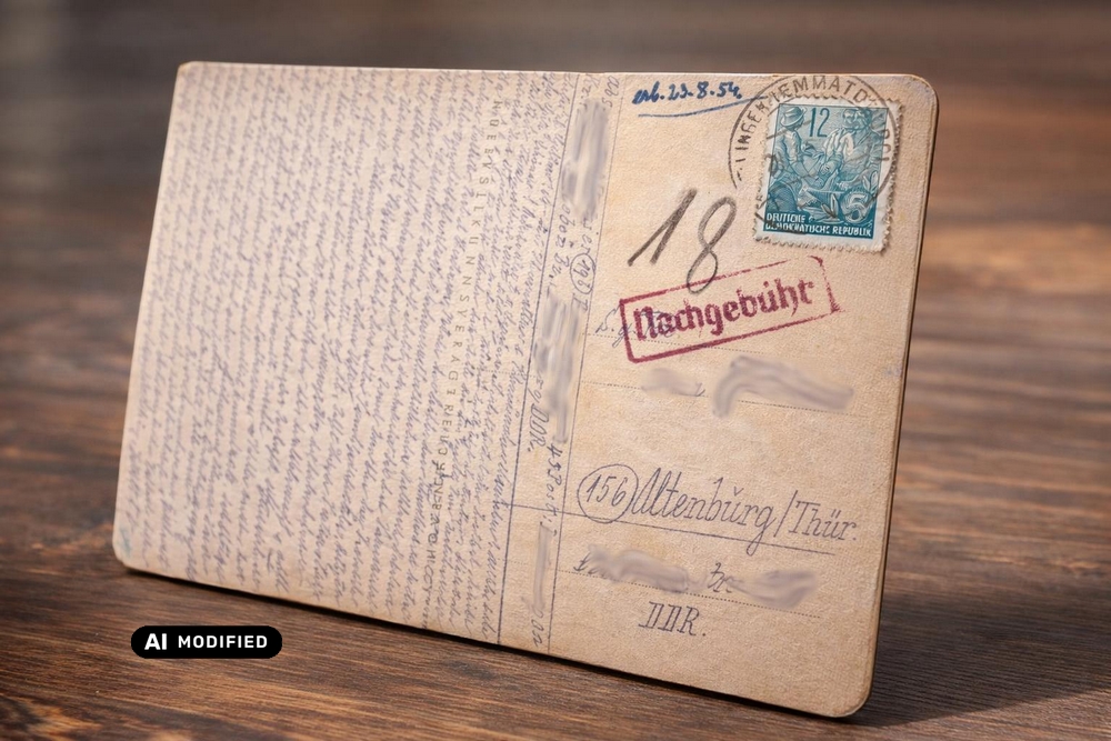 Kolorierte DDR-Ansichtskarte als Beitragsbild zum Sammlungsreport auf datenstaubsauger.de: Sie zeigt ein prachtvolles chromolithographisches Rosenmotiv in warmen Gelb-, Orange- und Rosatönen, herausgegeben vom VEB Volkskunstverlag Reichenbach i. V. unter der Nummer A 52 18/53. Die Karte wurde 1954 aus Haldensleben verschickt und trägt eine blaue 12-Pfennig-Marke mit DDR-Arbeitermotiv sowie einen seltenen roten „Nachgebühr“-Stempel über 18 Pfennig. Ein handschriftlicher Namenstagsgruß in Sütterlinschrift macht sie zu einem authentischen Zeitdokument der DDR-Postgeschichte.