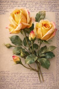 Kolorierte DDR-Ansichtskarte als Beitragsbild zum Sammlungsreport auf datenstaubsauger.de: Sie zeigt ein prachtvolles chromolithographisches Rosenmotiv in warmen Gelb-, Orange- und Rosatönen, herausgegeben vom VEB Volkskunstverlag Reichenbach i. V. unter der Nummer A 52 18/53. Die Karte wurde 1954 aus Haldensleben verschickt und trägt eine blaue 12-Pfennig-Marke mit DDR-Arbeitermotiv sowie einen seltenen roten „Nachgebühr“-Stempel über 18 Pfennig. Ein handschriftlicher Namenstagsgruß in Sütterlinschrift macht sie zu einem authentischen Zeitdokument der DDR-Postgeschichte.