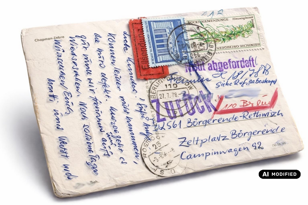 DDR-Ansichtskarte mit Chapman-Zebra-Fohlen im Trab, Schwarz-Weiß-Foto von Gerh. Budich (A 25/75 IV-1-48). 1978 als Eilsendung von Berlin an die Ostsee verschickt, mit Stempeln aus Berlin und Rostock sowie den Vermerken „Nicht abgefordert“ und „Zurück“ – ein Beleg der Postgeschichte der DDR.