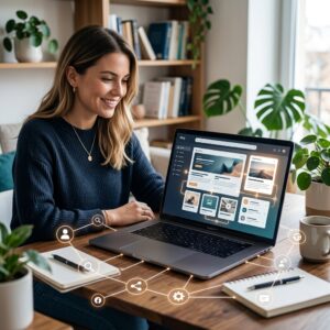 Frau arbeitet am Laptop in hellem Homeoffice, während digitale Symbole für Blogvernetzung, KI-Sichtbarkeit und Online-Promotion eingeblendet sind