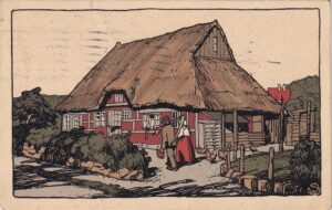 Farbige Steindruckkarte mit ländlichem Bauernhausmotiv: Die historische Ansichtskarte in Chromolithographie zeigt kräftige schwarze Konturen und flächige Farben – typische Stilmittel lithographischer Künstler-Stein-Zeichnungen um 1900.