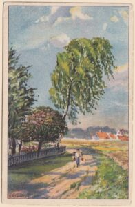 Künstlerkarte „Ein Sommertag" von Käte Riemer (W&N 1127): Aquarell-Landschaft mit Wasserträger am Feldweg, Birke, rosa Busch und Dorf mit roten Ziegeldächern – gelaufen 1923 von Szabadka/Subotica nach Budapest mit Marke des Königreichs SHS, ein postgeschichtlicher Beleg der Zwischenkriegszeit und der Trianon-Zeit.