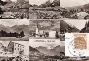 Mehrbild-Ansichtskarte „Mittersill im Pinzgau" (Bergwelt Verlag C. Jurischek, Nr. 32904) mit 9 S/W-Ansichten wie Schloss Mittersill, Pass Thurn, Hintersee, St. Pöltnerhütte, Felbertauern und Felberkirche Velm – gelaufen mit österreichischer 80-Groschen-Marke „Pinzgau" (Alpenhaus, A. Pilch) und Nachporto-„T" von Mittersill nach Berlin (DDR), ein postgeschichtliches Beispiel aus dem Sammlungsreport.