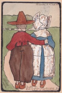 Handgemalte Aquarell-Ansichtskarte „Mutti u. Vati auf der Wanderung nach dem Mileschauer": ein selbst gemaltes Unikat mit einem Wanderpaar von hinten, signiert „H.S." und datiert Ilmenau, 11. Juli 1905. In Mischtechnik aus Tusche und Aquarell gestaltet, gelaufen vom Deutschen Reich mit grüner 5-Pfennig-Germania-Marke nach Salesel a. Elbe in Böhmen – ein außergewöhnliches Zeitdokument der Belle Époque und ein postgeschichtlicher Beleg für Sammler handgemalter Karten.