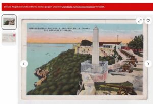 Farbige Linen-Ansichtskarte aus Havanna, Kuba, von 1930 mit der Festung La Cabaña (Fortaleza de San Carlos de la Cabaña), einer Reihe alter Bronzekanonen und einem weißen Obelisken vor stimmungsvollem Abendhimmel über dem Meer. Die gelaufene Karte trägt eine rote 2-Cent-Marke „Máximo Gómez" und einen klaren Havanna-Poststempel, versendet nach Dalry in Schottland. Ein Beispiel für ein Sammlerstück aus einem Embargo-Land, das die Bedeutung eines Sammlungsreports zur Dokumentation von Qualität und Postgeschichte veranschaulicht.
