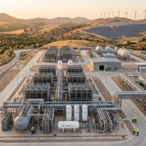 Weitwinkelaufnahme der Anlage Onuba von Moeve für grünen Wasserstoff in Palos de Frontera in Andalusien: Solarpaneele, Windturbinen und industrielle Elektrolyse-Infrastruktur mit Rohrleitungen in einer trockenen, sonnendurchfluteten Landschaft – ein Sinnbild für die Energiewende in Südeuropa.